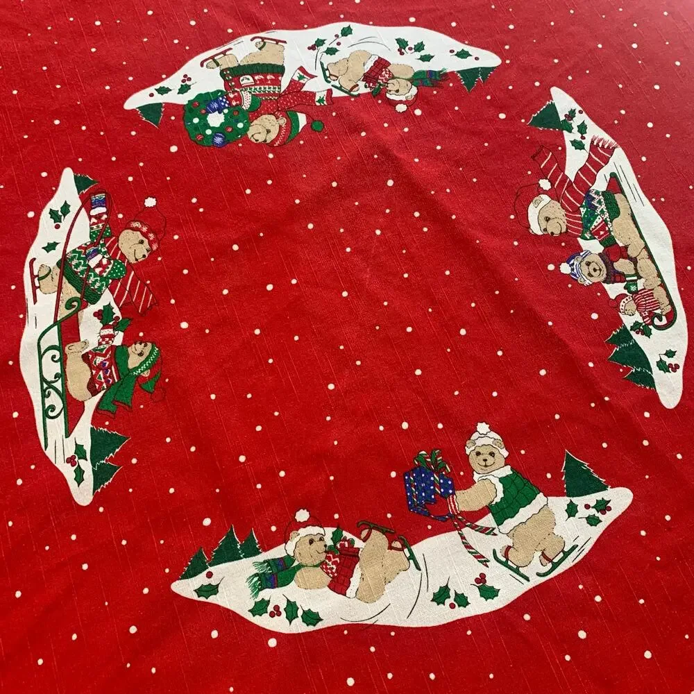 Vintage Christmas Tablecloth Round Red Holiday Teddy Bear Snow Scene 60” Decor